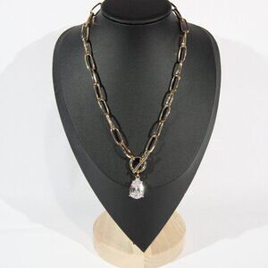 Gold Tone Paper Clip Link Necklace with a Clear Crystal Pendant